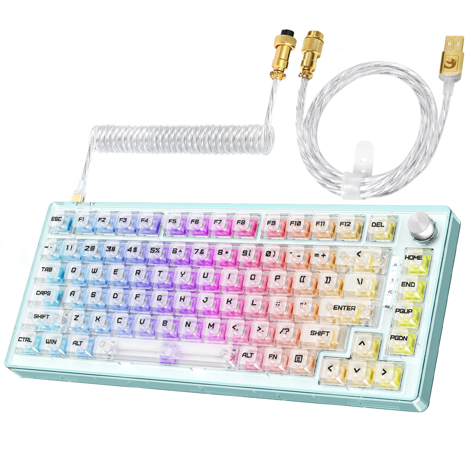 MAGIC-REFINER MK32 Wired Mechanical Gaming Transparent Keyboard, Hot Swappable, Coiled USB-C Cable, Linear Switch, Volume Knob