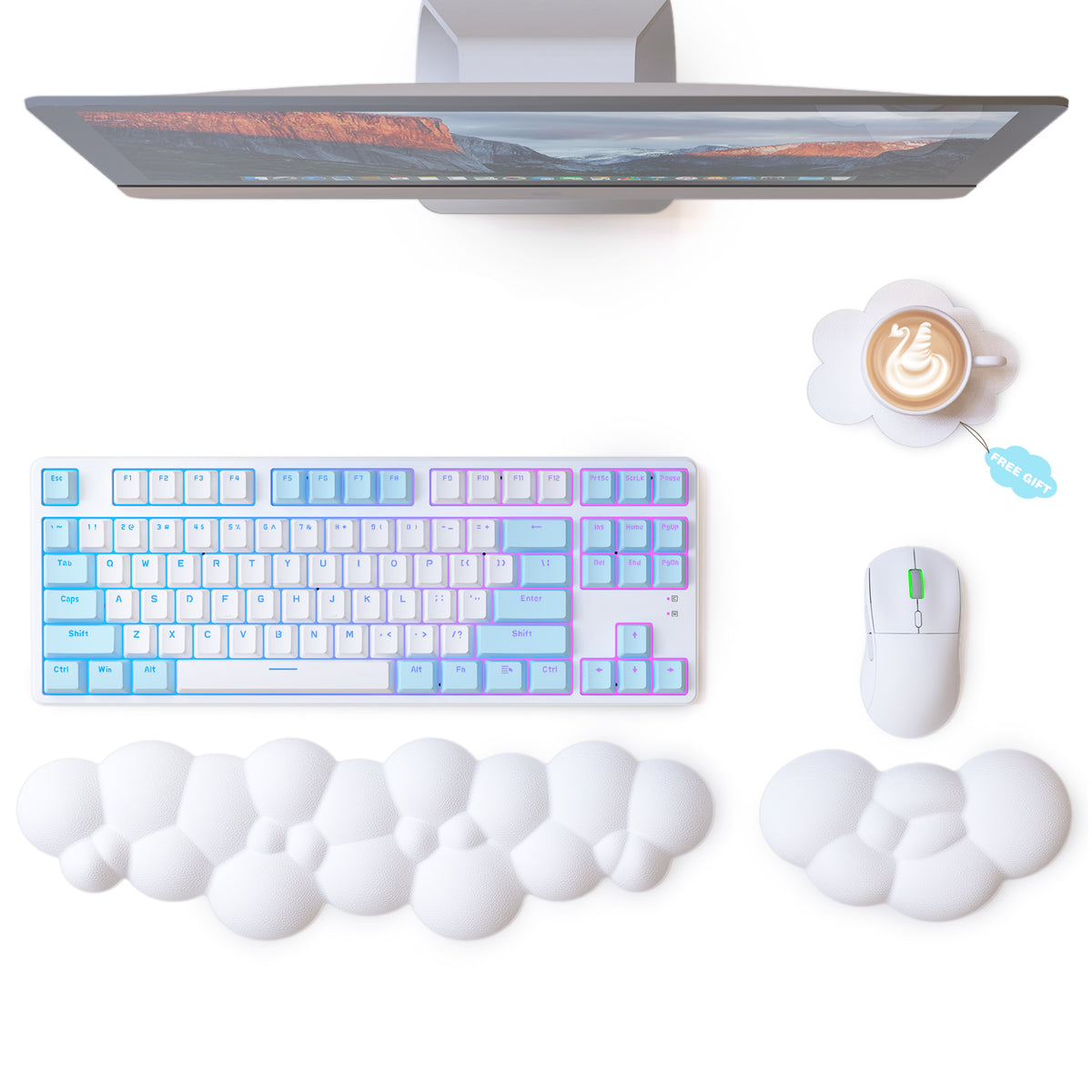 MAMBASNAKE Cloud Keyboard Mouse Wrist Rest with Coaster Set,Ergonomic Palm Rest Combo for for Comfortable Typing/Gaming -3 in 1 Set