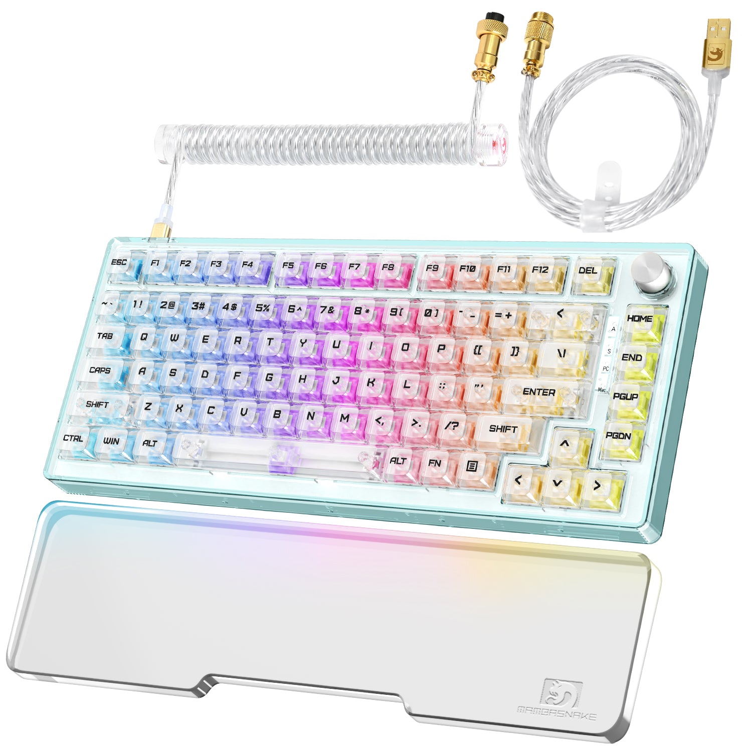 MAGIC-REFINER MK32 Wired Mechanical Gaming Transparent Keyboard, Hot Swappable, Coiled USB-C Cable, Linear Switch, Volume Knob