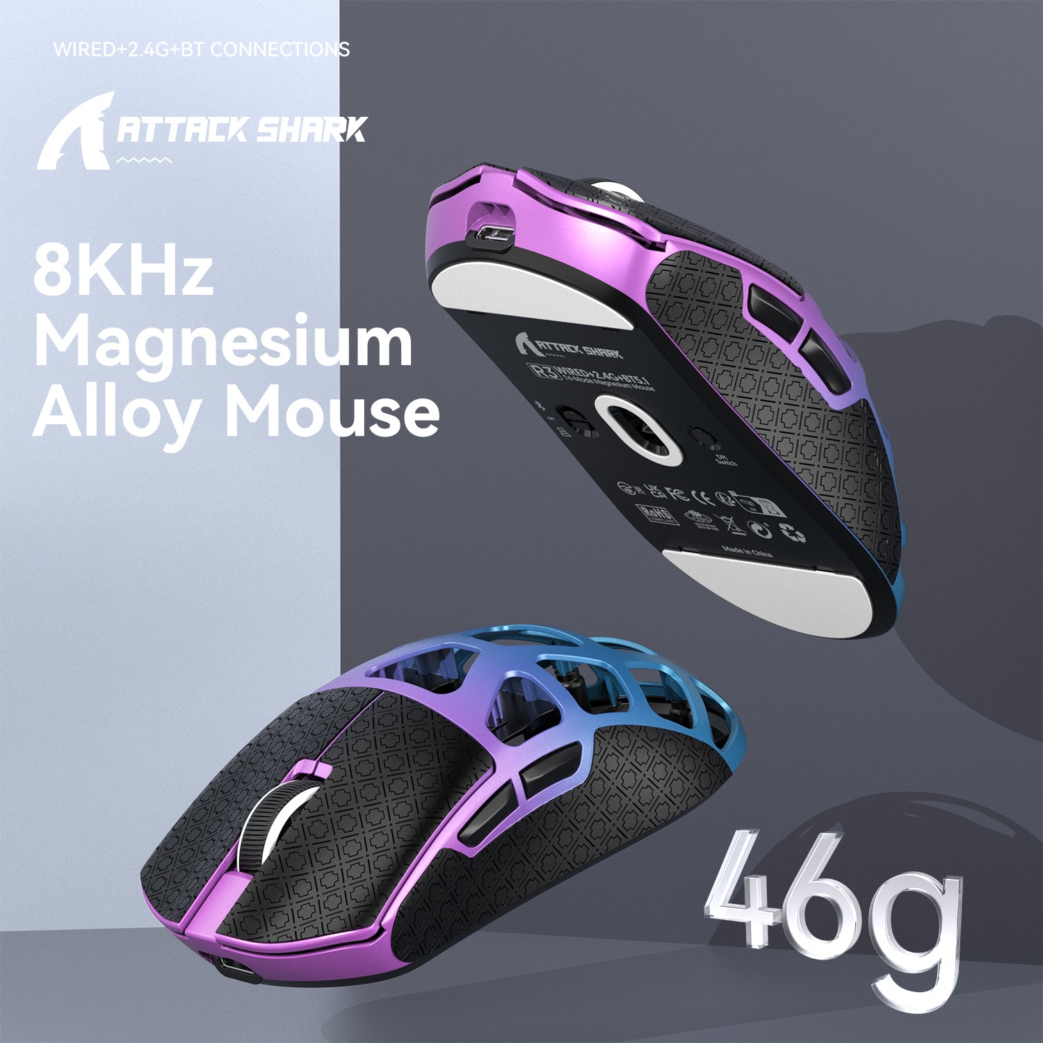 FELICON x Attack Shark R3 Wireless Gaming Mouse,PAW3395 26K DPI 8KHz Polling Rate,Magnesium Alloy 46g Ultralight,Programmable Tri-Mode BT/2.4G/Wired Computer Mice with Coiled Cable - Purple Blue&Tape