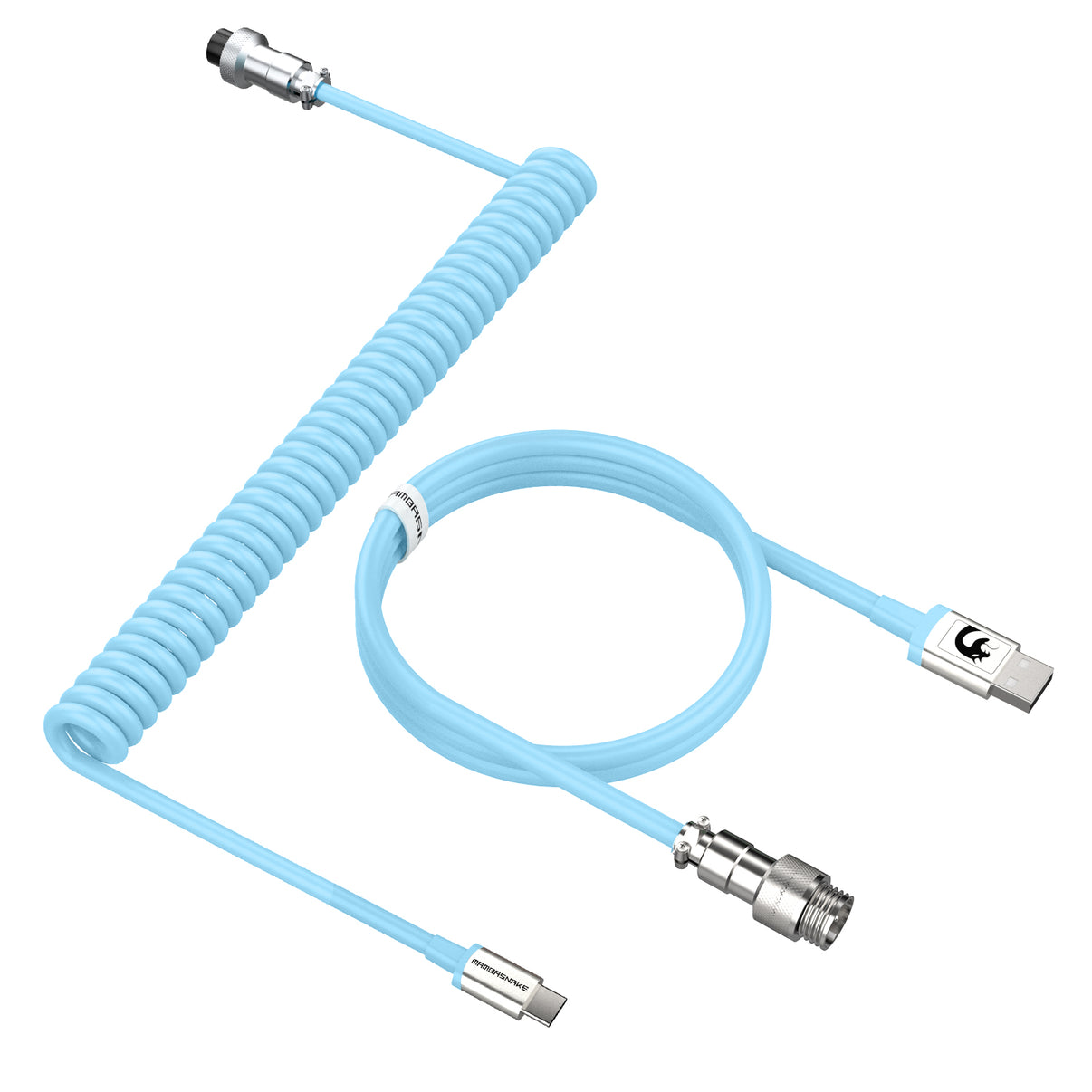 Light blue coiled USB-C keyboard cable with metal aviator connector