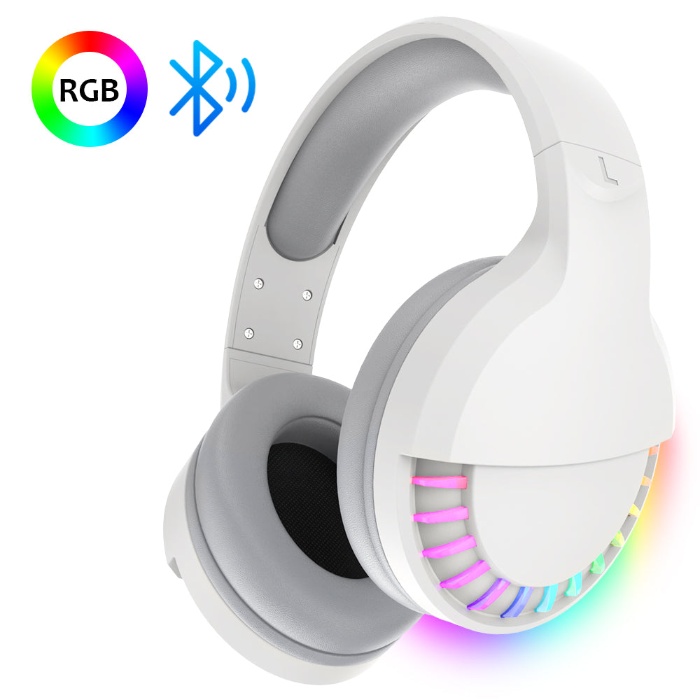 White over-ear Bluetooth headset with RGB lighting and padded ear cushions