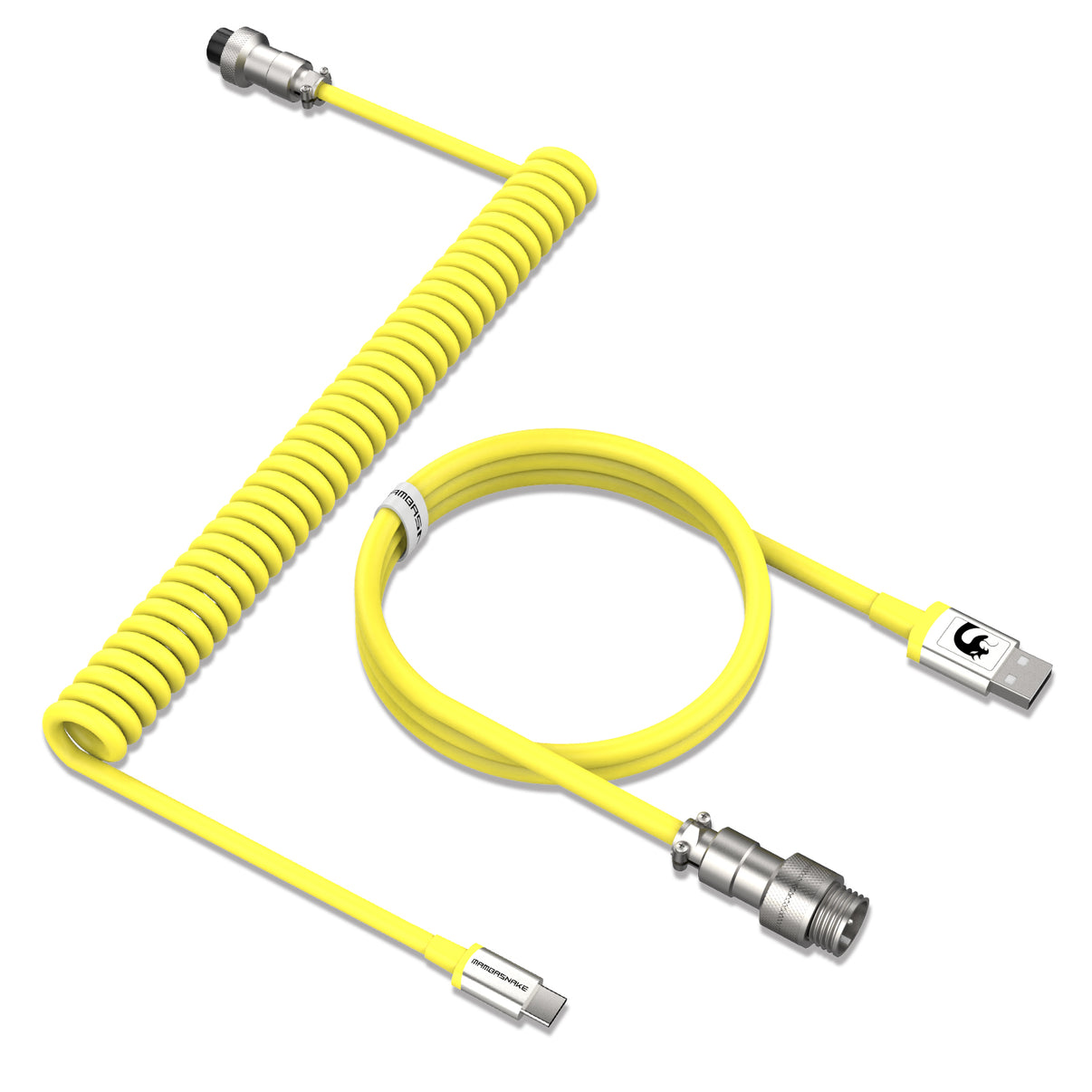 Yellow coiled USB-C keyboard cable with metal aviator connectors and straight ends