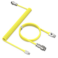 Yellow coiled USB-C keyboard cable with metal aviator connectors and straight ends