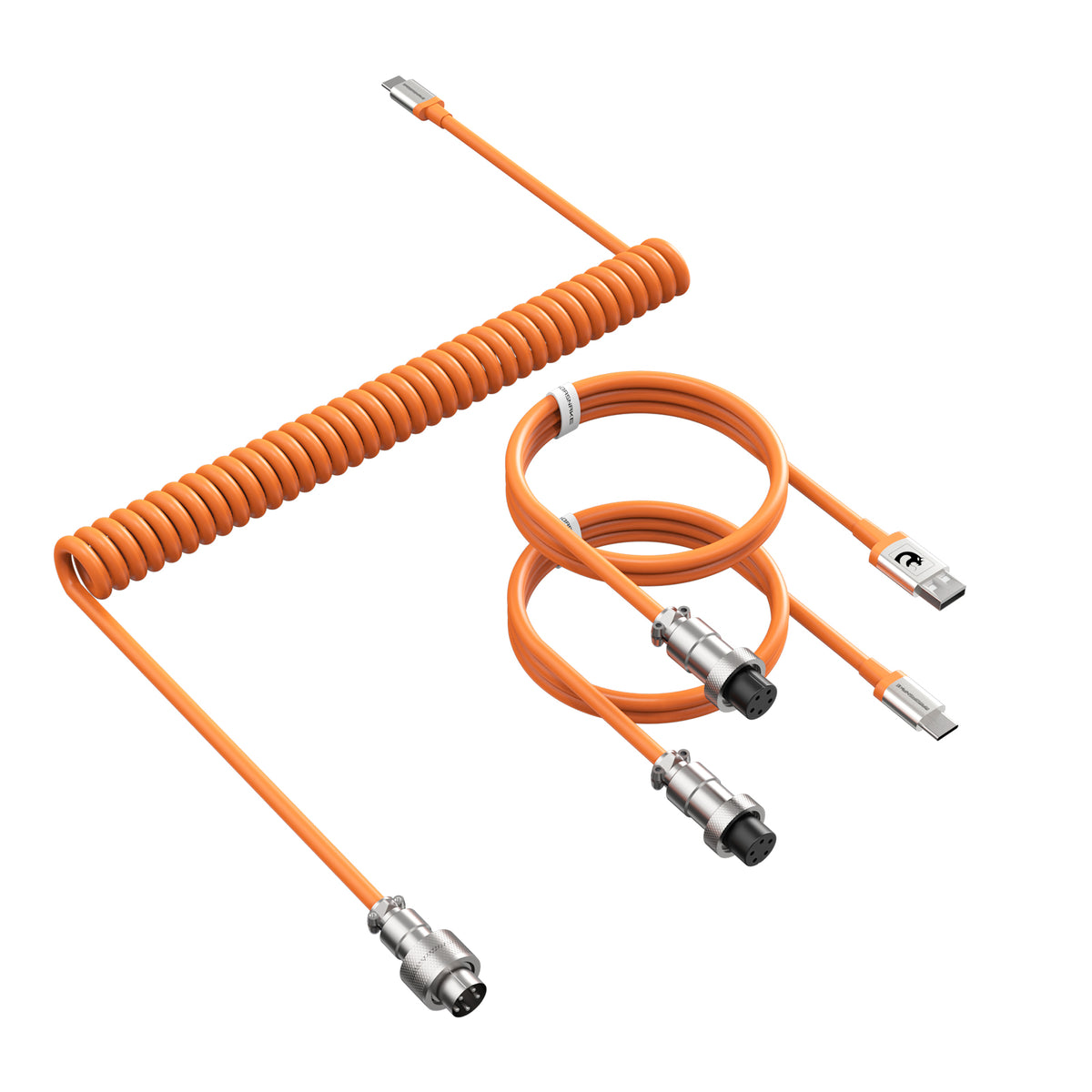 Orange coiled USB-C keyboard cable with detachable metal aviation connector