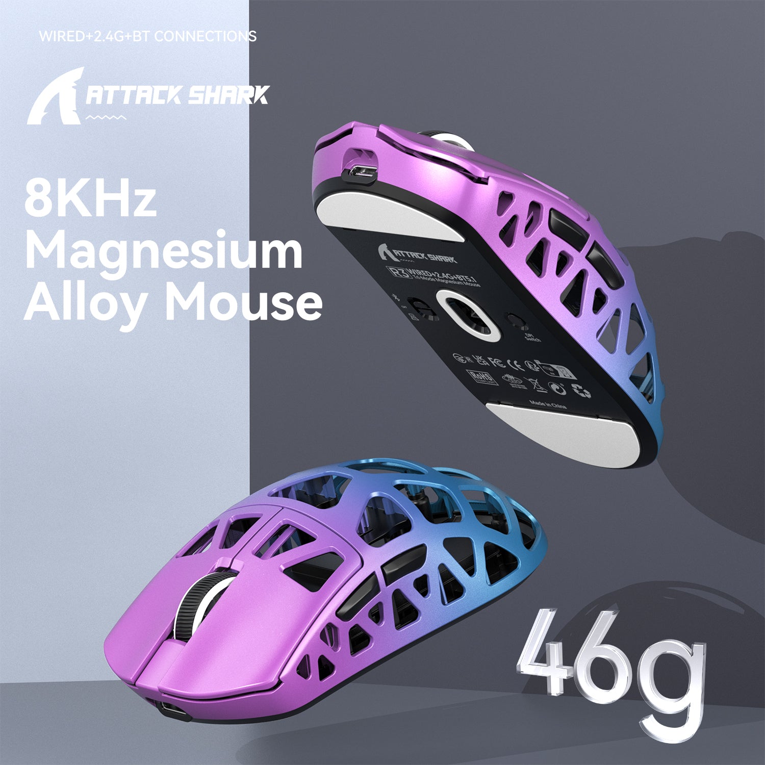 FELICON x Attack Shark R3 Wireless Gaming Mouse,PAW3395 26K DPI 8KHz Polling Rate,Magnesium Alloy 46g Ultralight,Programmable Tri-Mode BT/2.4G/Wired Computer Mice with Coiled Cable - Purple Blue