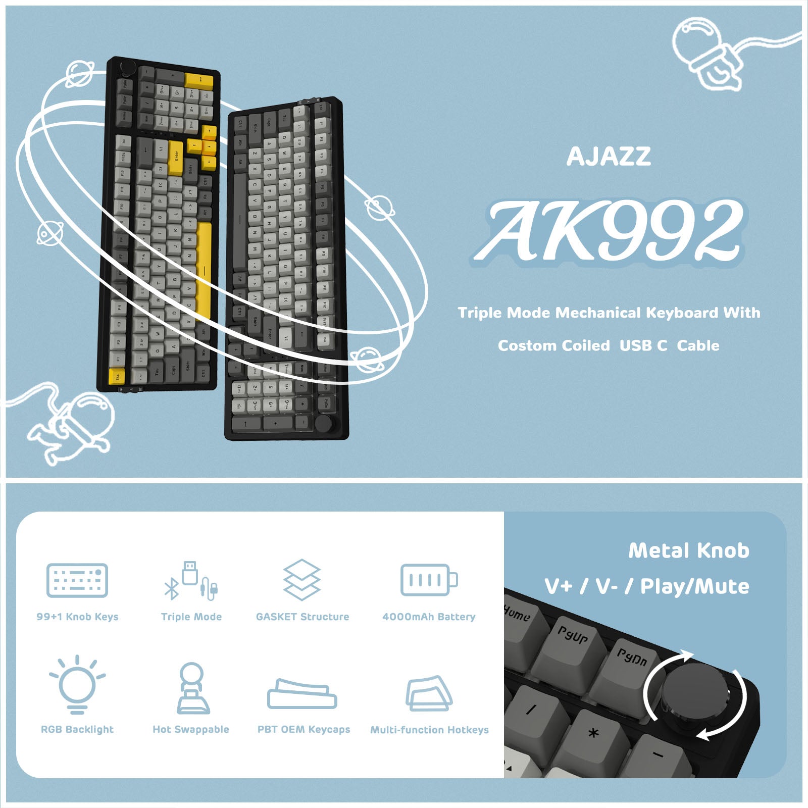 AJAZZ AK992 Hotswap Mechanical Keyboard,LIGHTSYNC RGB,4000mAh Battery,2.4Ghz/BT5.0/Wired, GASKET Mount ,99 Key with Volume Knob,PBT Keycaps for Win/Mac