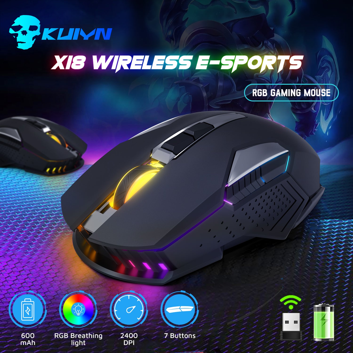 ZIYOU LANG X18 Wireless Gaming Mouse 2.4G, Rechargable-XG502, 600mAh Ultra-Long Life, 7 RGB Light, 2400 DPI, Intelligent Power Saving, Silent Click, USB Receiver, Optical, for PC/Mac/PS4/XBOX (Black)