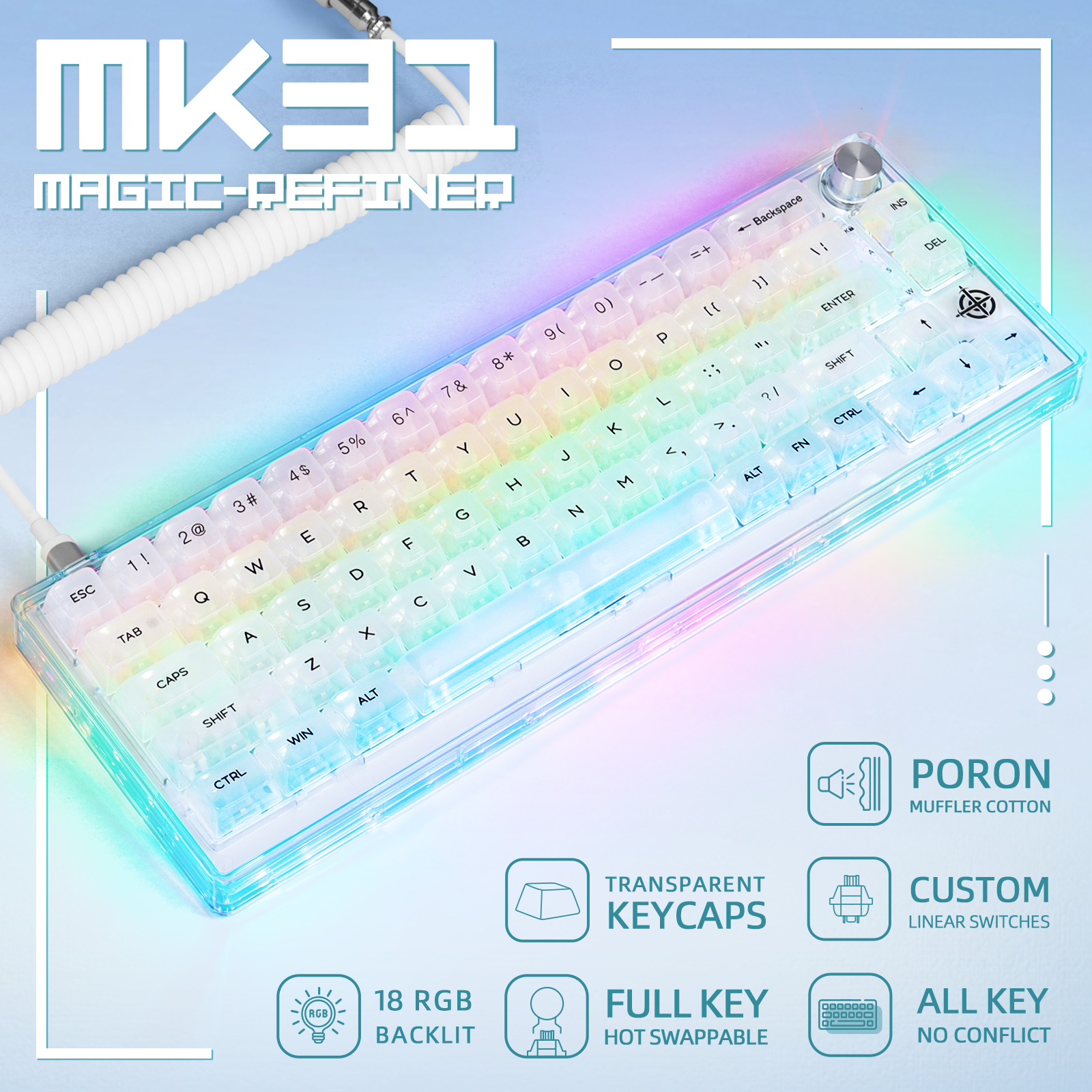 MAGIC-REFINER MK31 Wired Mechanical Gaming Transparent Keyboard, Hot Swappable, Coiled USB-C Cable, Linear Switch, Volume Knob