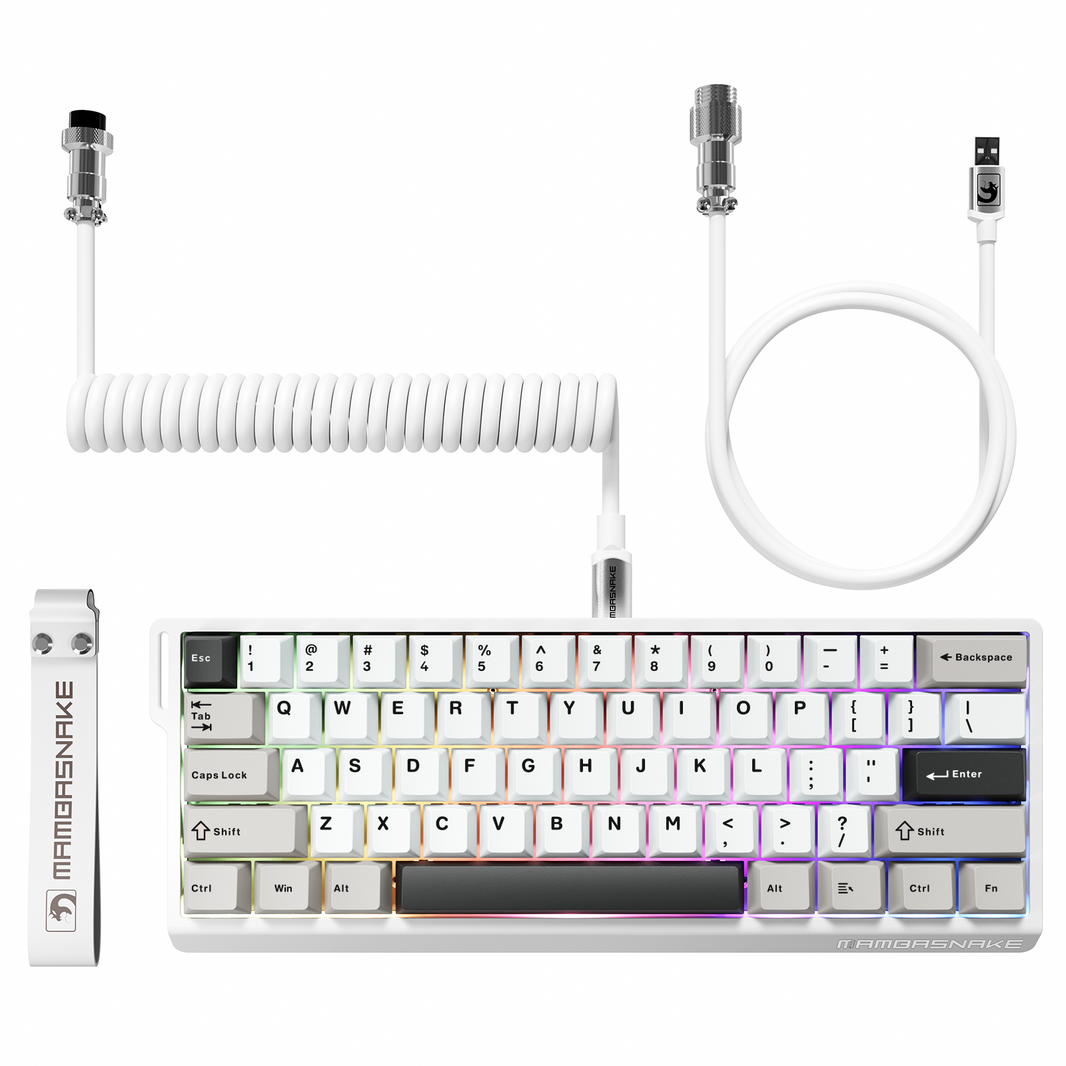 White coiled USB-C keyboard cable with metal connectors for MAMBASNAKE X60 HE keyboard