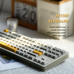 AJAZZ AKC087 Mechanical Keyboard, Tri-mode Connection, BT5.0 Wireless Keyboard, Multi-layer Metal Base, Compact 87 Keys Layout, TKL, Retro Tricolor, Hotswappable Rechargeable RGB Keyboard, for Win/Mac