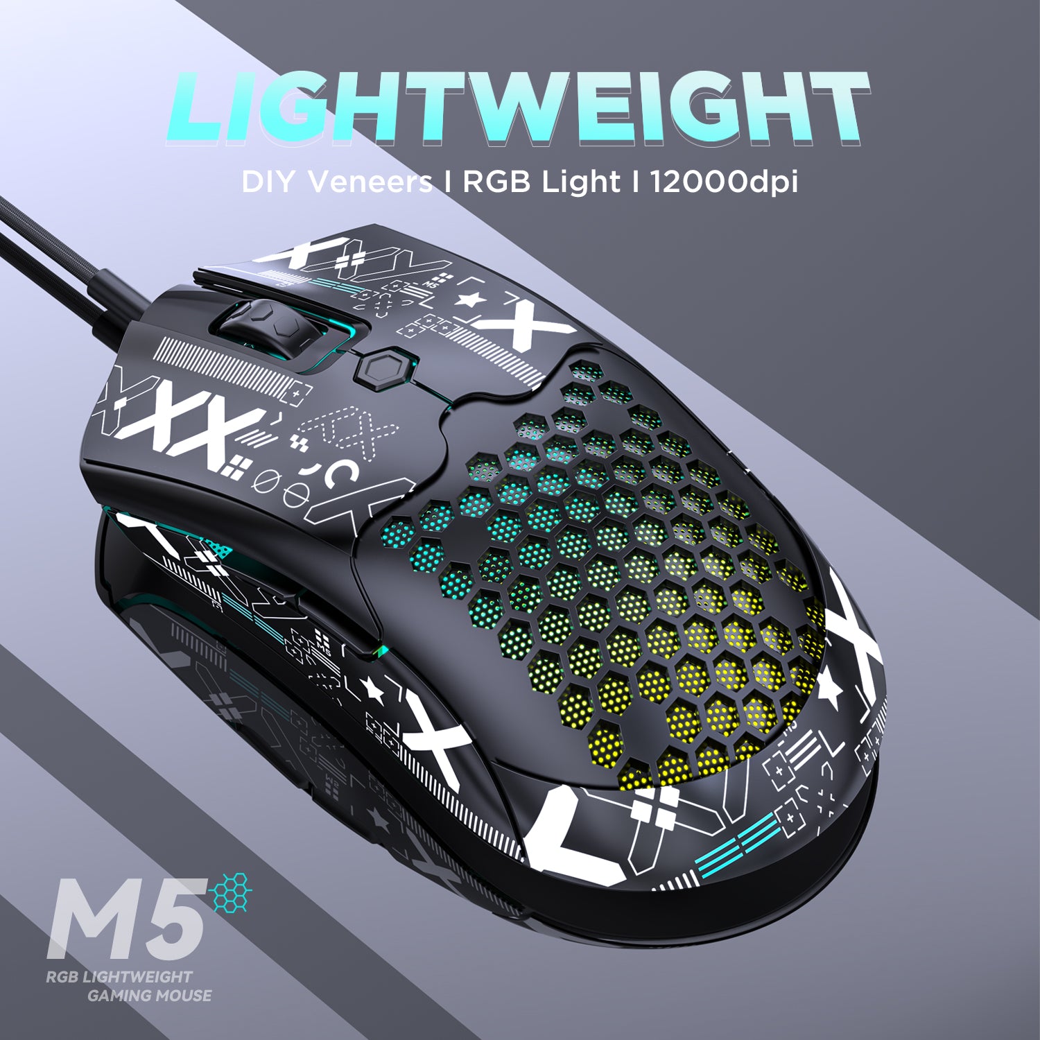 ZIYOU LANG M5PRO Ultralight Wired Gaming Mouse, Lightweight Honeycomb Shell, Pixart PAW3325, 6 Adjustable DPI 12000, 26 RGB Breathing Backlit Mice, 65g, USB Optical Model O Mice for Win11/Xbox/PS/Mac