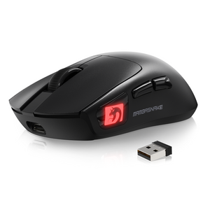 MAMBASNAKE M4 wireless lightweight gaming mouse, black body with red RGB illuminated logo, alongside its USB receiver, showcasing its wireless connectivity.