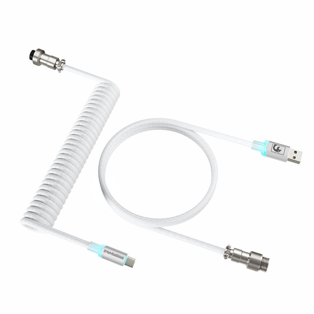 White coiled MAMBASNAKE C01ULTIMATE RGB keyboard cable with USB and aviator connector