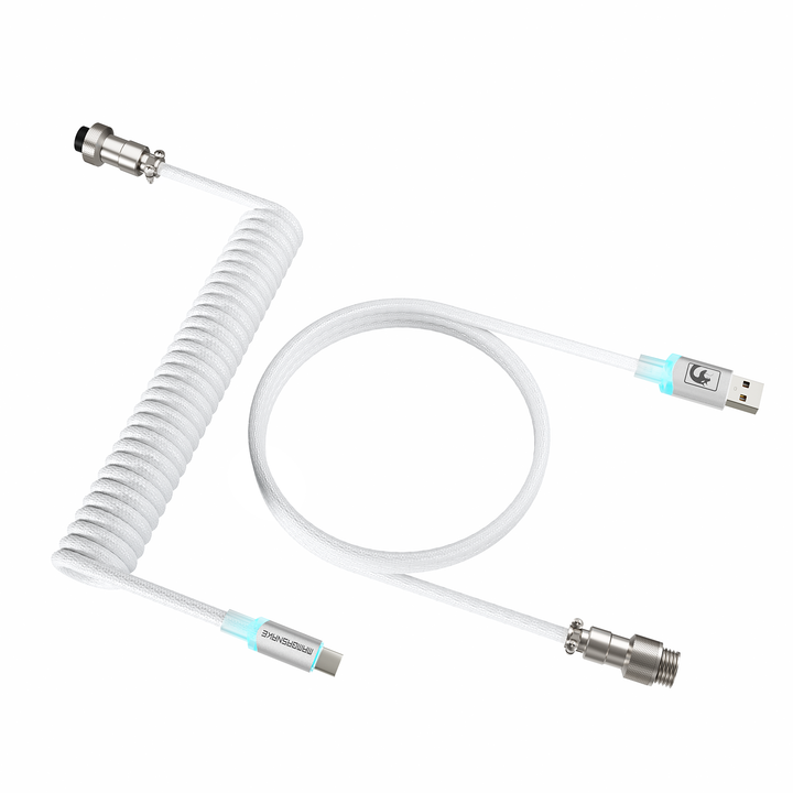 White coiled MAMBASNAKE C01ULTIMATE RGB keyboard cable with USB and aviator connector