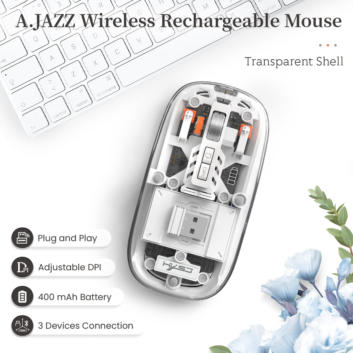 HXSJ Wireless Mouse, Slim Dual Mode Bluetooth 5.1/2.4G, Silent Rechargeable Transparent Mouse 2400 DPI, Battery Level Visible