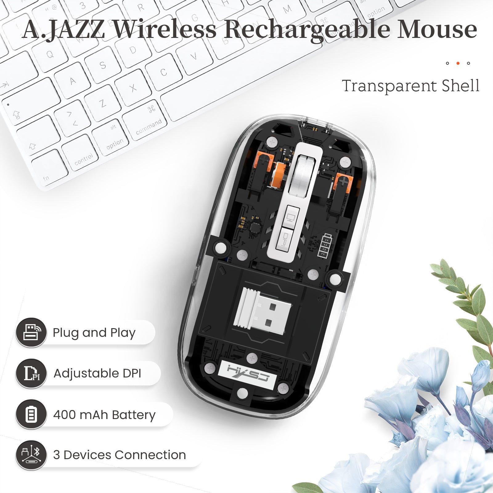 HXSJ Wireless Mouse, Slim Dual Mode Bluetooth 5.1/2.4G, Silent Rechargeable Transparent Mouse 2400 DPI, Battery Level Visible