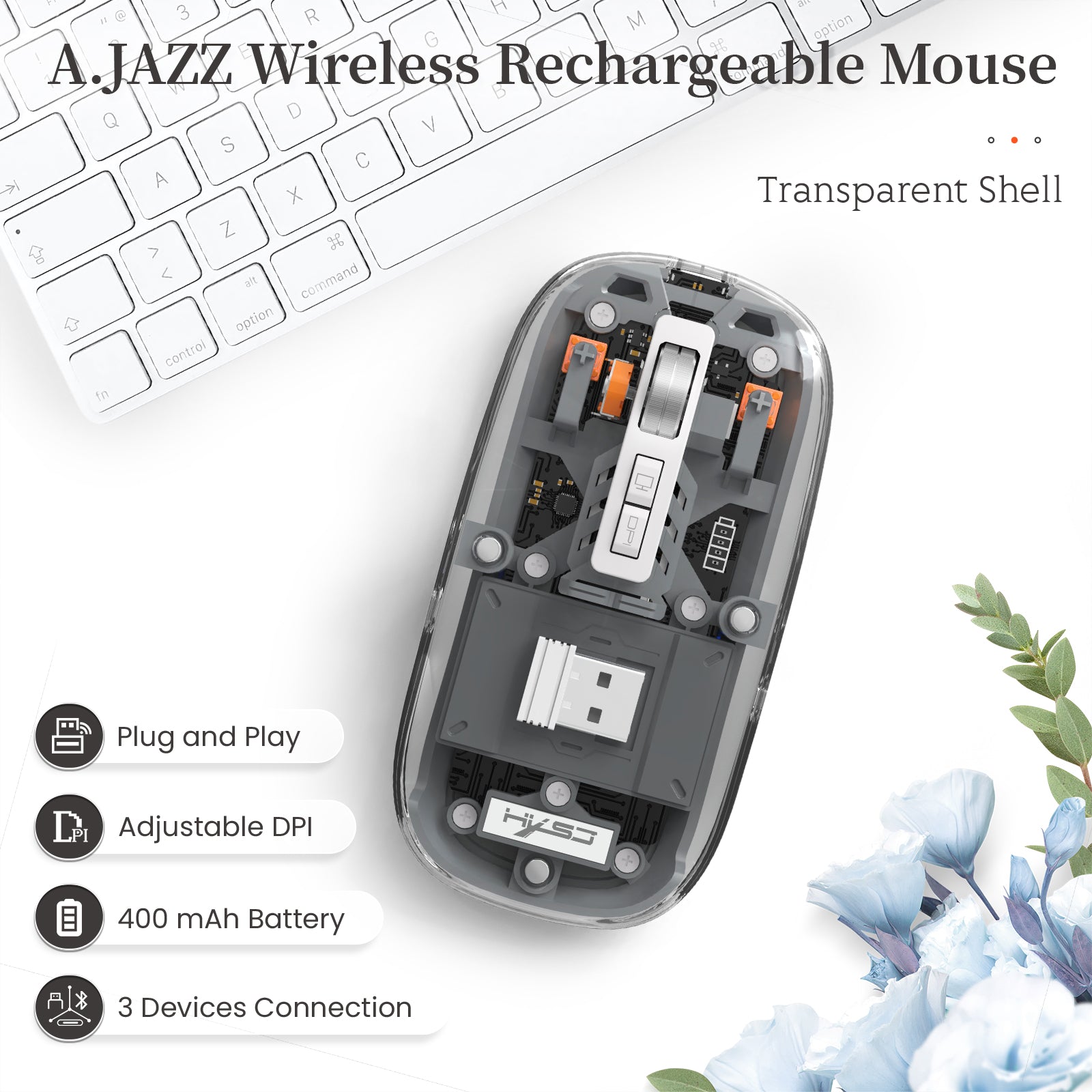 HXSJ Wireless Mouse, Slim Dual Mode Bluetooth 5.1/2.4G, Silent Rechargeable Transparent Mouse 2400 DPI, Battery Level Visible