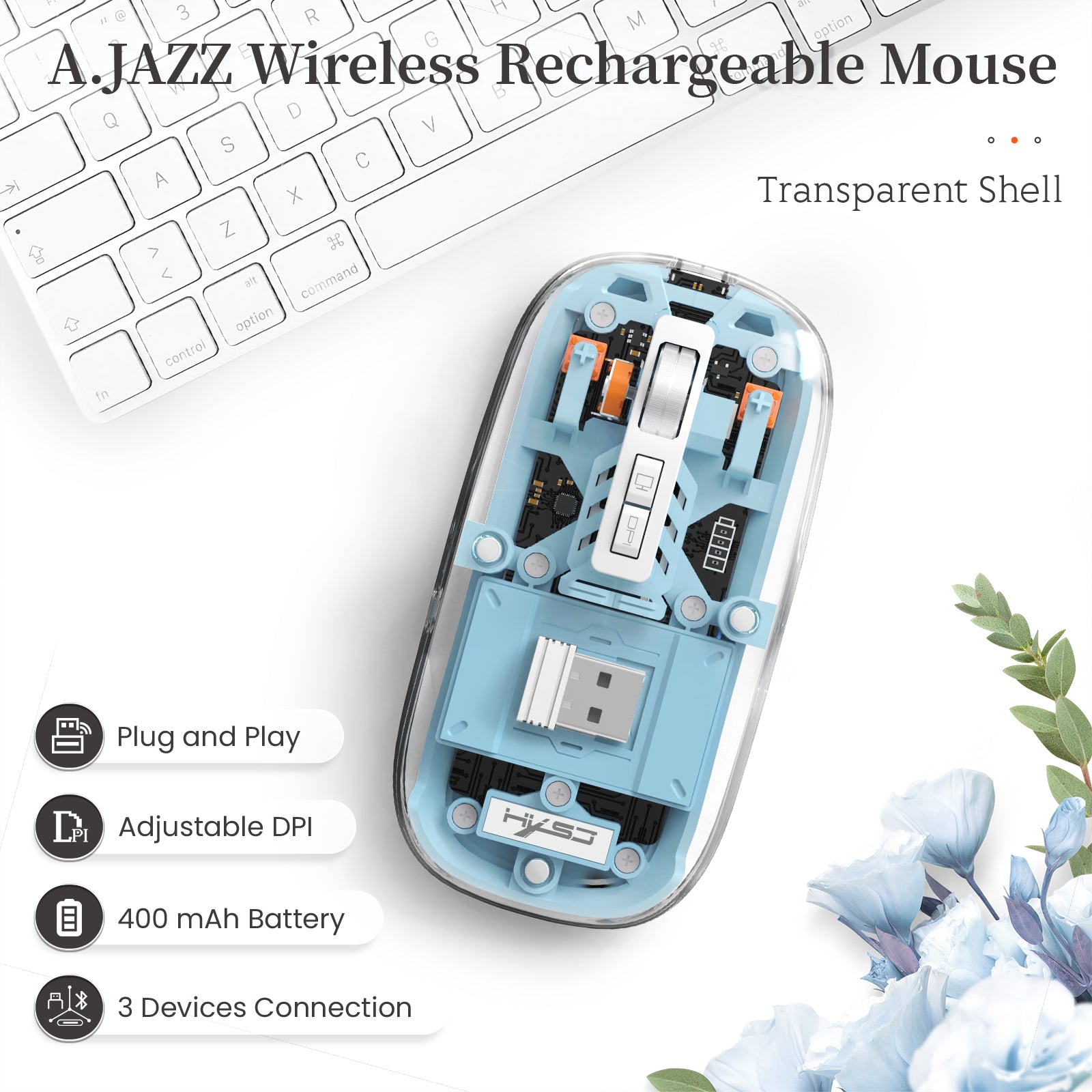 HXSJ Wireless Mouse, Slim Dual Mode Bluetooth 5.1/2.4G, Silent Rechargeable Transparent Mouse 2400 DPI, Battery Level Visible