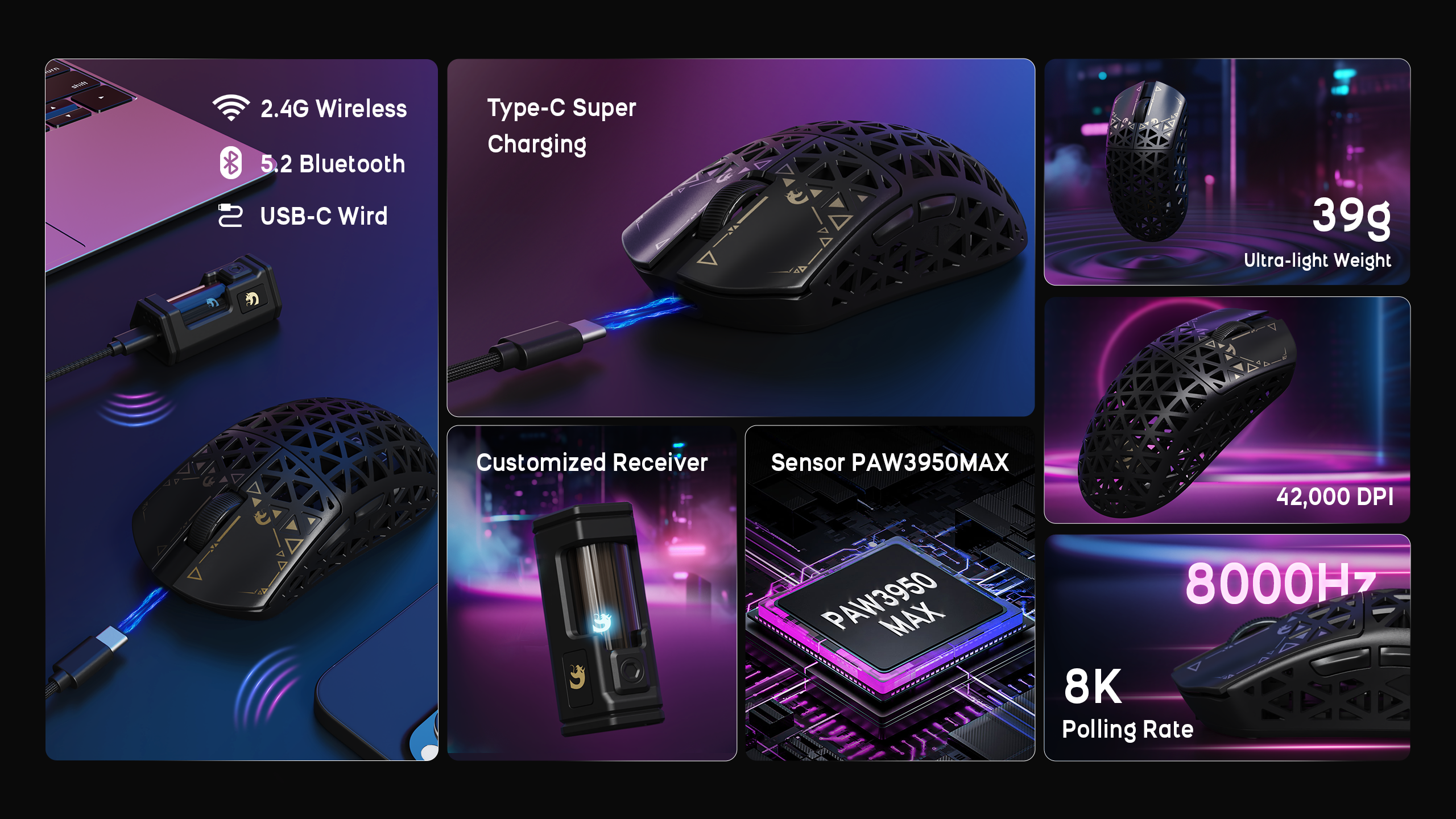 MAMBASNAKE M5 Ultra Carbon Fiber  Wireless Gaming Mouse 8Khz with PAW3950MAX