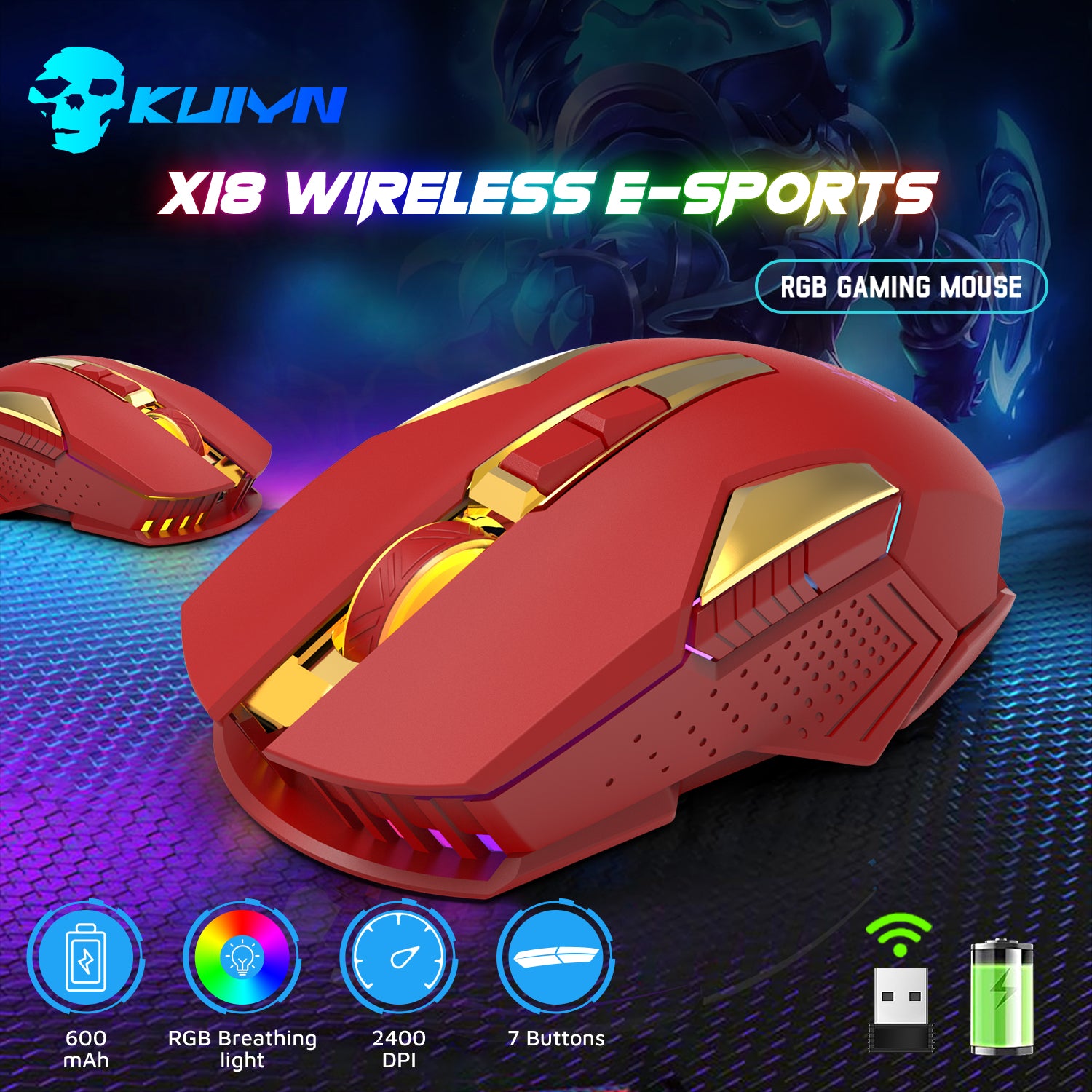 ZIYOU LANG X18 Wireless Gaming Mouse 2.4G, Rechargable-XG502, 600mAh Ultra-Long Life, 7 RGB Light, 2400 DPI, Intelligent Power Saving, Silent Click, USB Receiver, Optical, for PC/Mac/PS4/XBOX (Black)