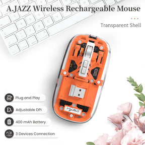 HXSJ Wireless Mouse, Slim Dual Mode Bluetooth 5.1/2.4G, Silent Rechargeable Transparent Mouse 2400 DPI, Battery Level Visible