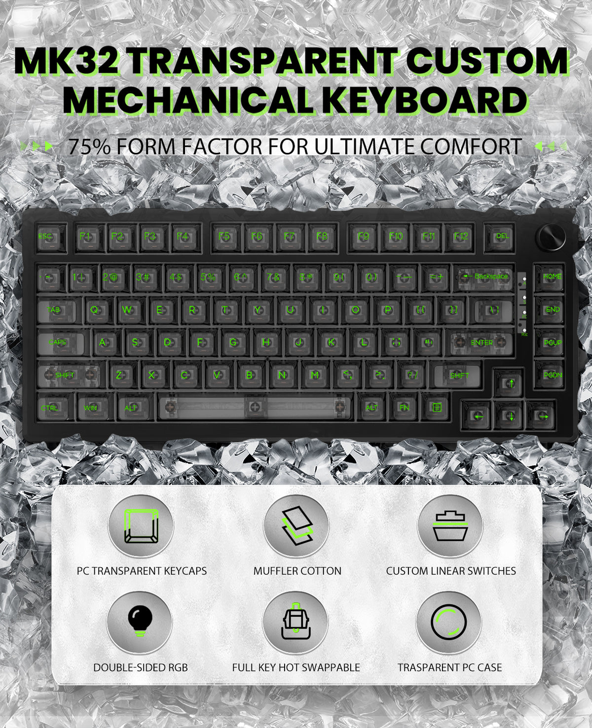 MAGIC-REFINER MK32 Wired Mechanical Gaming Transparent Keyboard, Hot Swappable, Coiled USB-C Cable, Linear Switch, Volume Knob