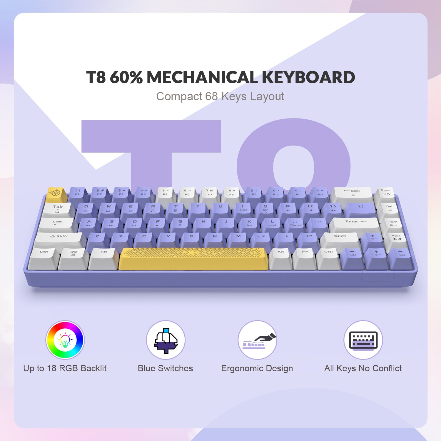 ZIYOULANG T8 60% Gaming Keyboard,68 Keys Compact Mini Wired Mechanical Keyboard with 18 Chroma RGB Backlit,Blue Switch,USB C Coiled Keyboard Cable for PC