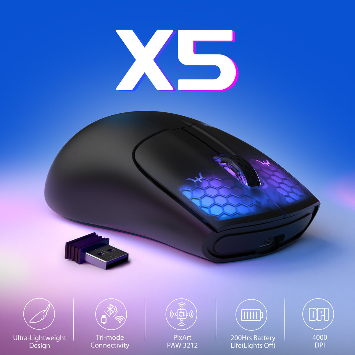 ATTACK SHARK X5 Wireless Gaming Mouse, 49g Ultralight Tri-mode 2.4Ghz/USB-C Wired/Bluetooth, 4000DPI RGB Backlit Mouse for Win/MAC