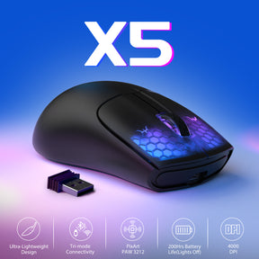 ATTACK SHARK X5 Wireless Gaming Mouse, 49g Ultralight Tri-mode 2.4Ghz/USB-C Wired/Bluetooth, 4000DPI RGB Backlit Mouse for Win/MAC