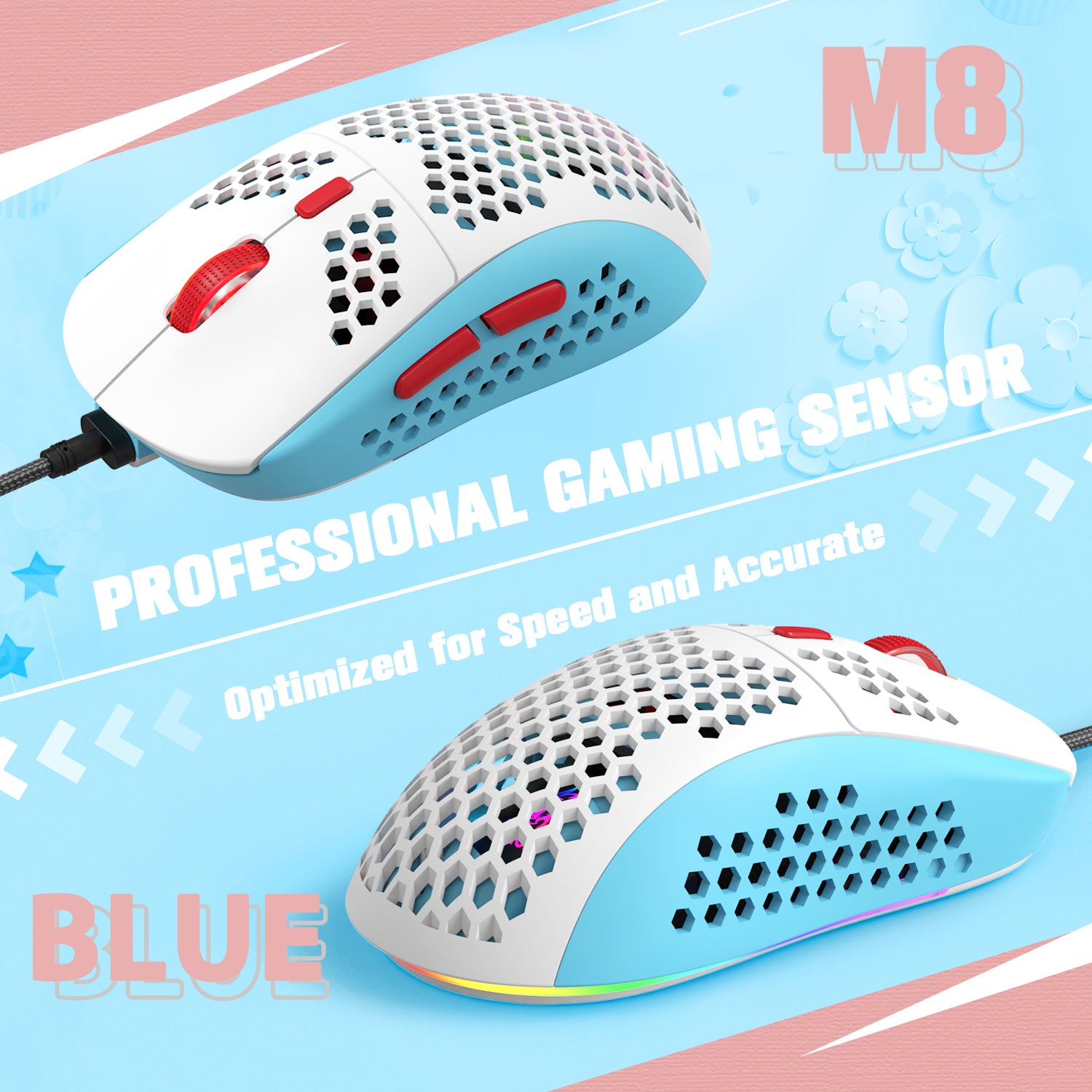 ZIYOU LANG M8PRO Ultralight Wired Gaming Mouse, Lightweight Honeycomb Shell, 6 RGB Breathing Backlit Mice, 6 Adjustable DPI 6400, USB Optical Mice for Win10/XP/Xbox/PS4/PS5/Mac/HP/Acer