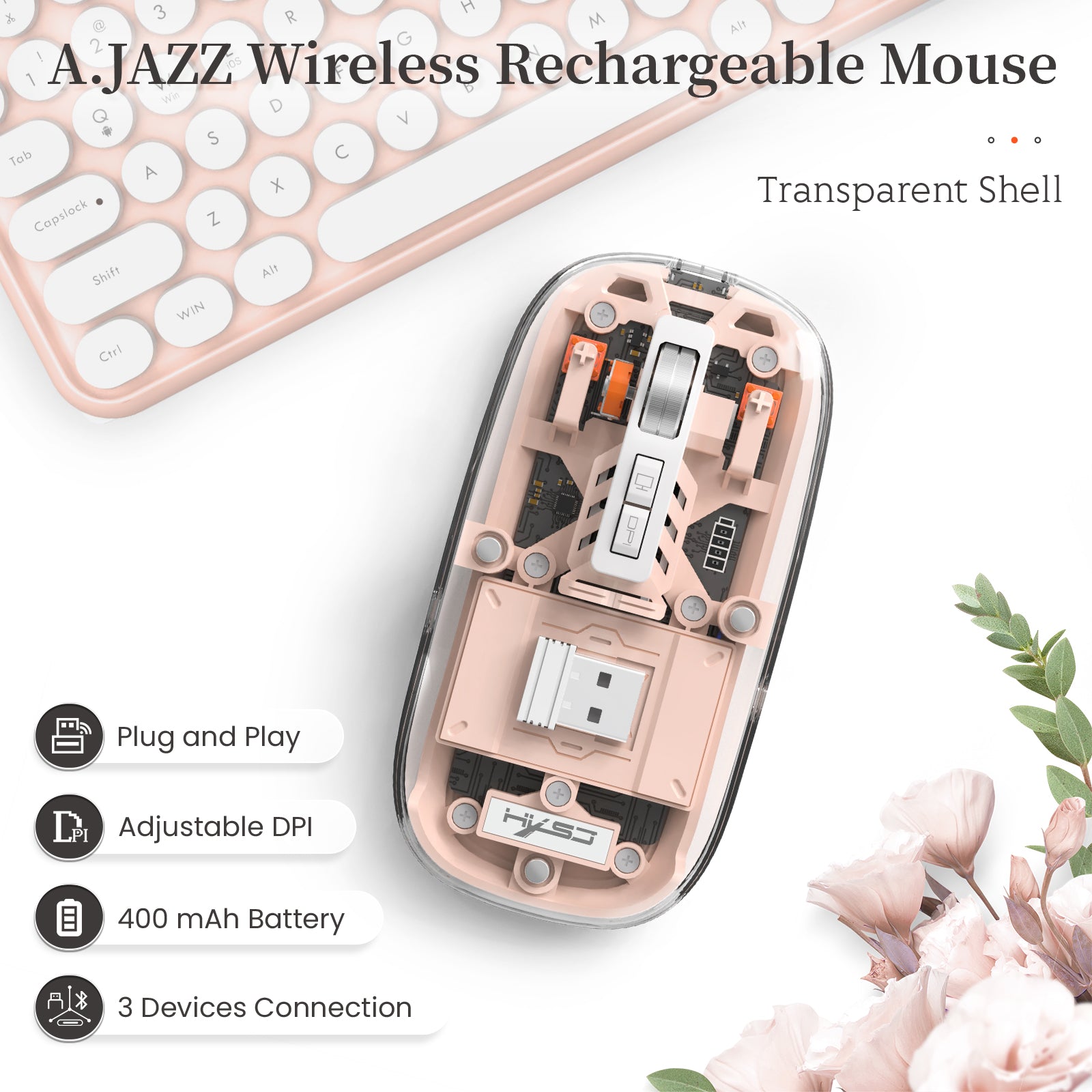 HXSJ Wireless Mouse, Slim Dual Mode Bluetooth 5.1/2.4G, Silent Rechargeable Transparent Mouse 2400 DPI, Battery Level Visible