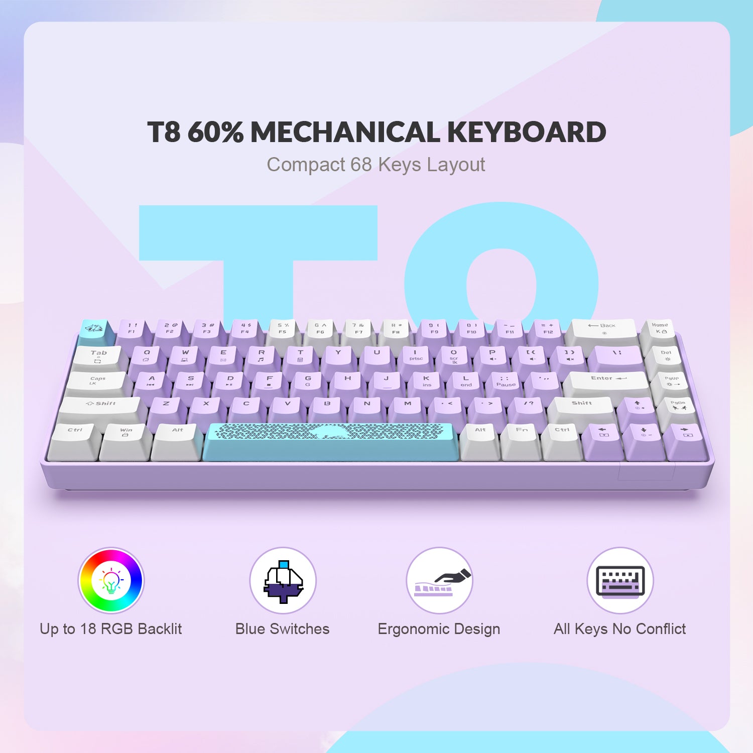 ZIYOULANG T8 60% Gaming Keyboard,68 Keys Compact Mini Wired Mechanical Keyboard with 18 Chroma RGB Backlit,Blue Switch,USB C Coiled Keyboard Cable for PC