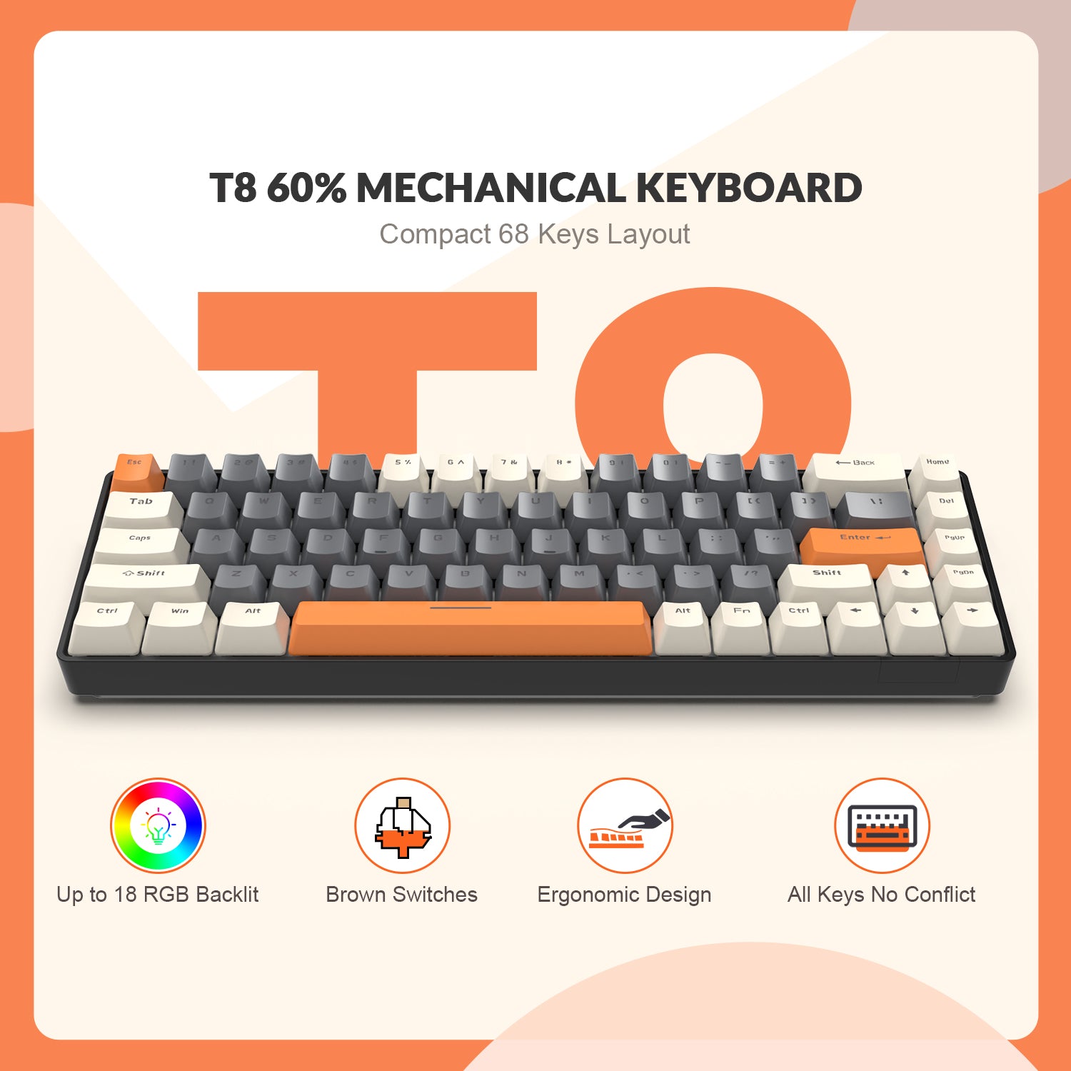 ZIYOULANG T8 60% Gaming Keyboard,68 Keys Compact Mini Wired Mechanical Keyboard with 18 Chroma RGB Backlit,Blue Switch,USB C Coiled Keyboard Cable for PC