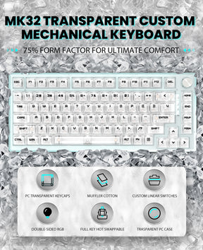 MAGIC-REFINER MK32 Wired Mechanical Gaming Transparent Keyboard, Hot Swappable, Coiled USB-C Cable, Linear Switch, Volume Knob