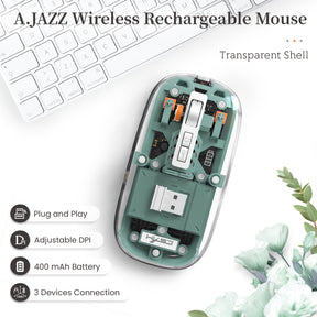 HXSJ Wireless Mouse, Slim Dual Mode Bluetooth 5.1/2.4G, Silent Rechargeable Transparent Mouse 2400 DPI, Battery Level Visible