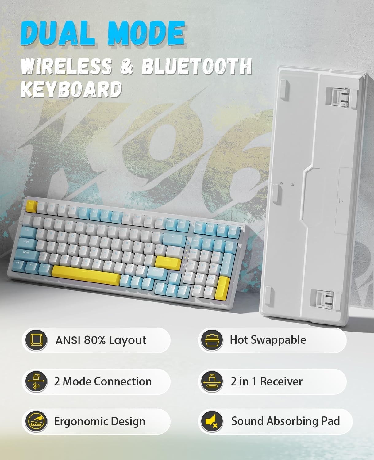 K96 Wireless Mechanical Keyboard,BT/2.4Ghz,Type C/USB A 2-in-1 Receiver,Hot Swap,100 Key Compact 96% Layout,with Numpad,Red Switch