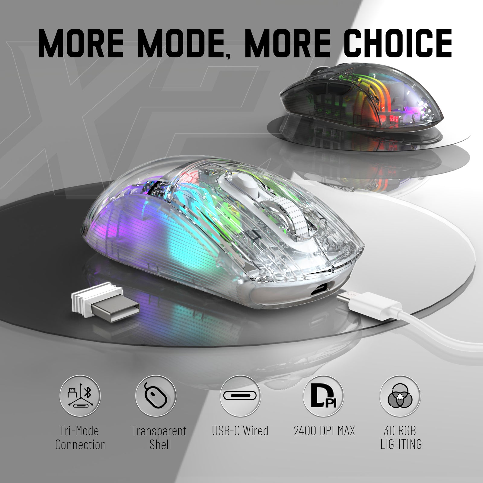 ATTACK SHARK X2 Wireless Transparent Gaming Mouse, Tri-Mode(2.4Ghz, Bluetooth 5.0, USB C Wired), PixArt 3212-RGB Backlit-2400DPI