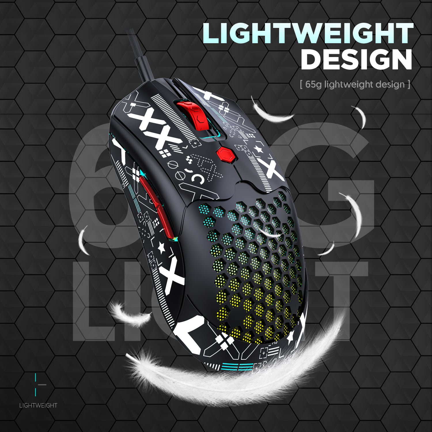 ZIYOU LANG M5PRO Ultralight Wired Gaming Mouse, Lightweight Honeycomb Shell, Pixart PAW3325, 6 Adjustable DPI 12000, 26 RGB Breathing Backlit Mice, 65g, USB Optical Model O Mice for Win11/Xbox/PS/Mac