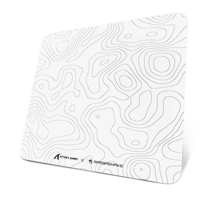 MAMBASNAKE CM05/CM05SE Tempered Glass Gaming Mouse Pad, white with black topographic contours.
