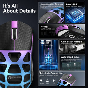 FELICON x Attack Shark R3 Wireless Gaming Mouse,PAW3395 26K DPI 8KHz Polling Rate,Magnesium Alloy 46g Ultralight,Programmable Tri-Mode BT/2.4G/Wired Computer Mice with Coiled Cable - Purple Blue&Tape