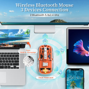 HXSJ Wireless Mouse, Slim Dual Mode Bluetooth 5.1/2.4G, Silent Rechargeable Transparent Mouse 2400 DPI, Battery Level Visible