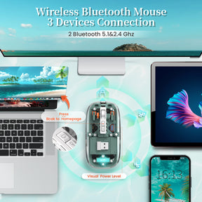 HXSJ Wireless Mouse, Slim Dual Mode Bluetooth 5.1/2.4G, Silent Rechargeable Transparent Mouse 2400 DPI, Battery Level Visible