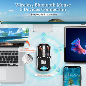 HXSJ Wireless Mouse, Slim Dual Mode Bluetooth 5.1/2.4G, Silent Rechargeable Transparent Mouse 2400 DPI, Battery Level Visible