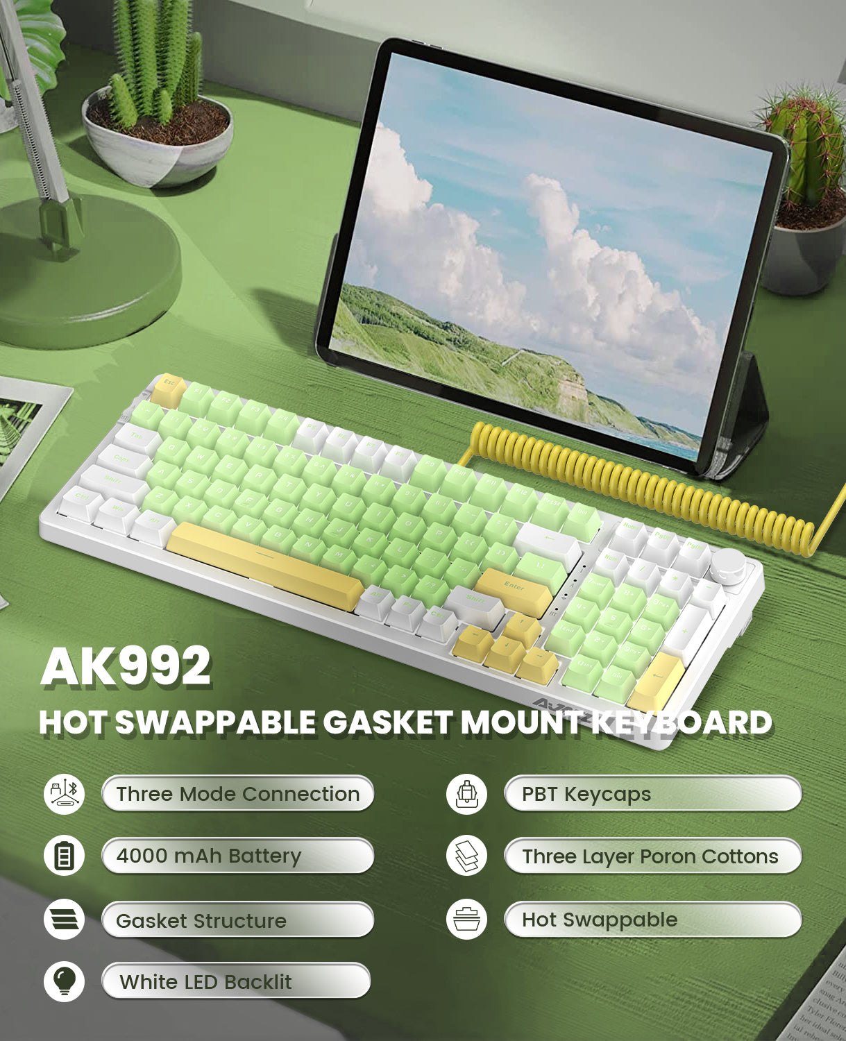 AJAZZ 96% Hot-swappable Gasket Mechanical Gaming Keyboard with Custom Coiled USB C Cable, 1400 mAh Triple Mode 2.4G/BT5.1/ Wired 99Keys with Knob