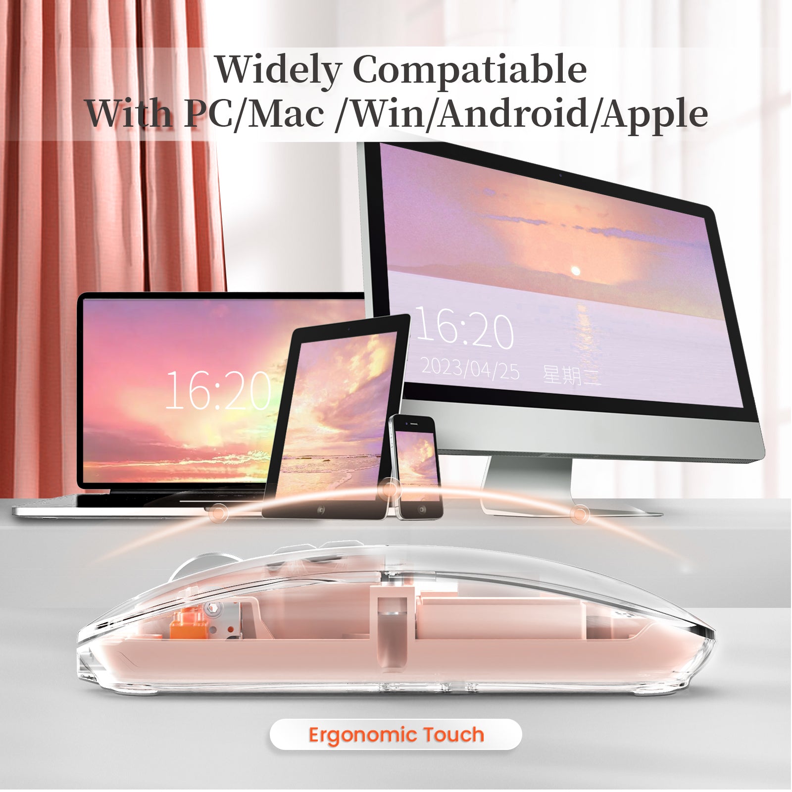 HXSJ Wireless Mouse, Slim Dual Mode Bluetooth 5.1/2.4G, Silent Rechargeable Transparent Mouse 2400 DPI, Battery Level Visible