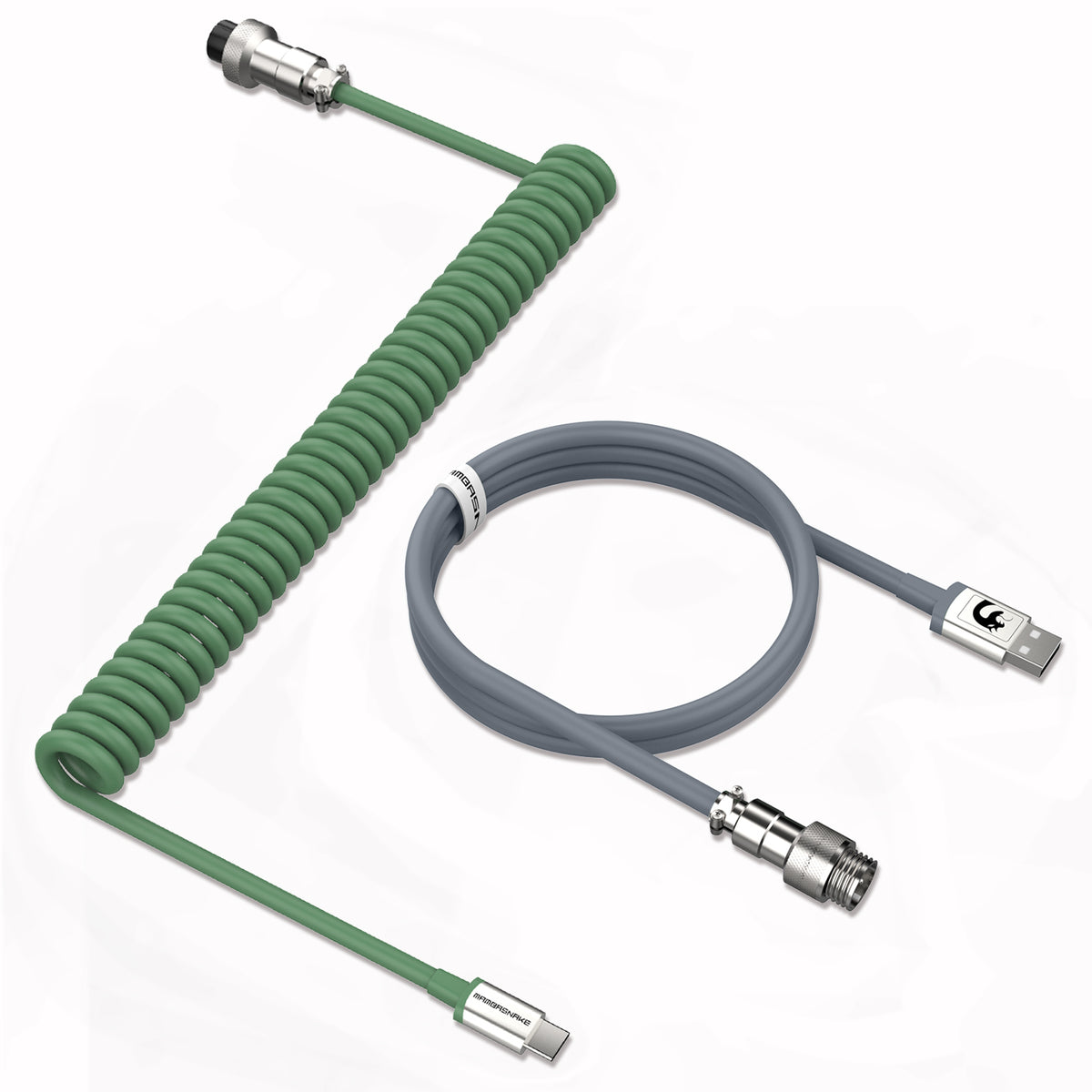 Green coiled USB-C keyboard cable with detachable aviator connector and gray USB cable