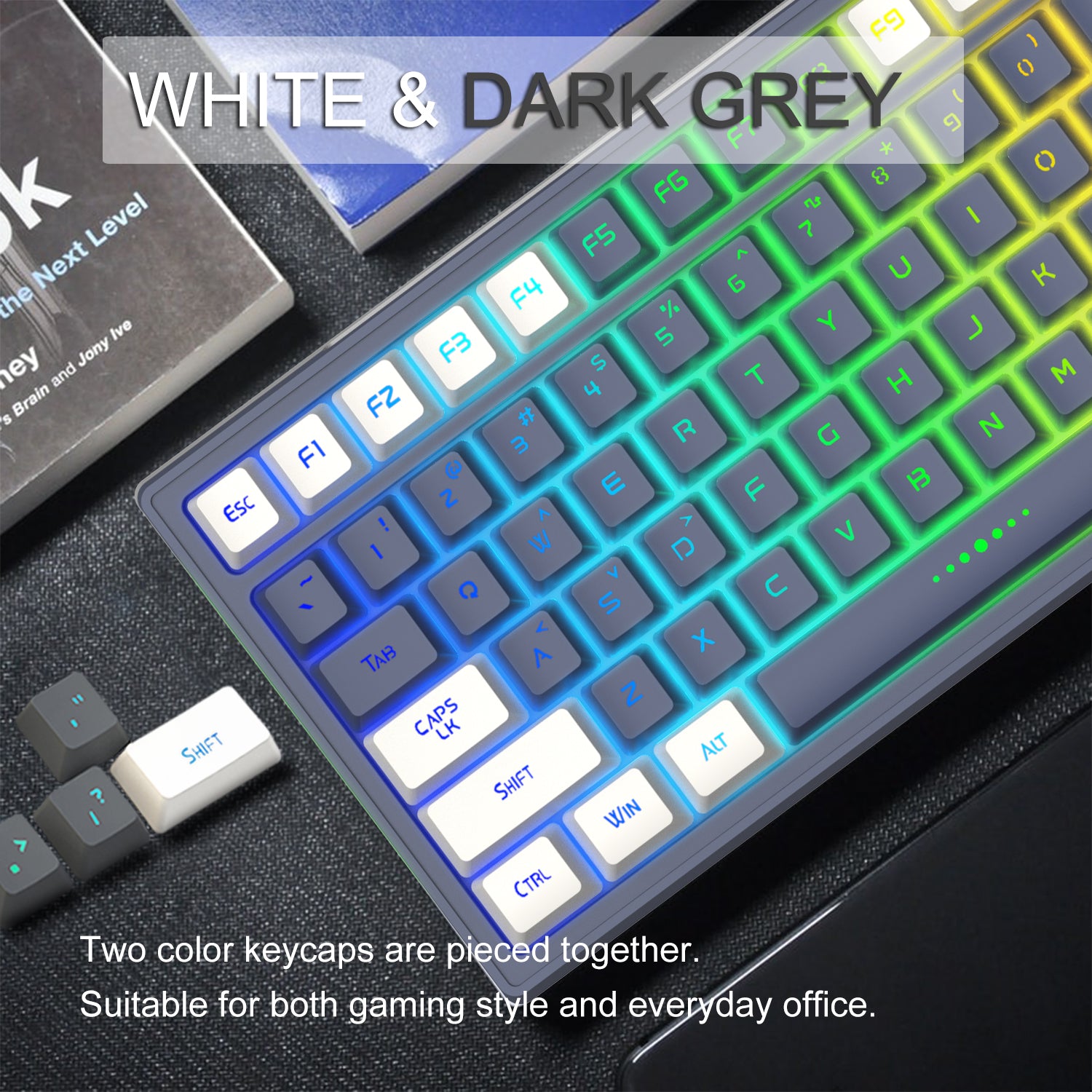 HXSJ L900 Wireless Gaming Keyboard, 2.4G Rechargeable Keyboard, 96-Key Compact-LG915, White Gray Mixed Color Keycaps,12 RGB Backlit, Full Anti-ghosting, Mechanical Feel for PC, Mac, PS4, Xbox