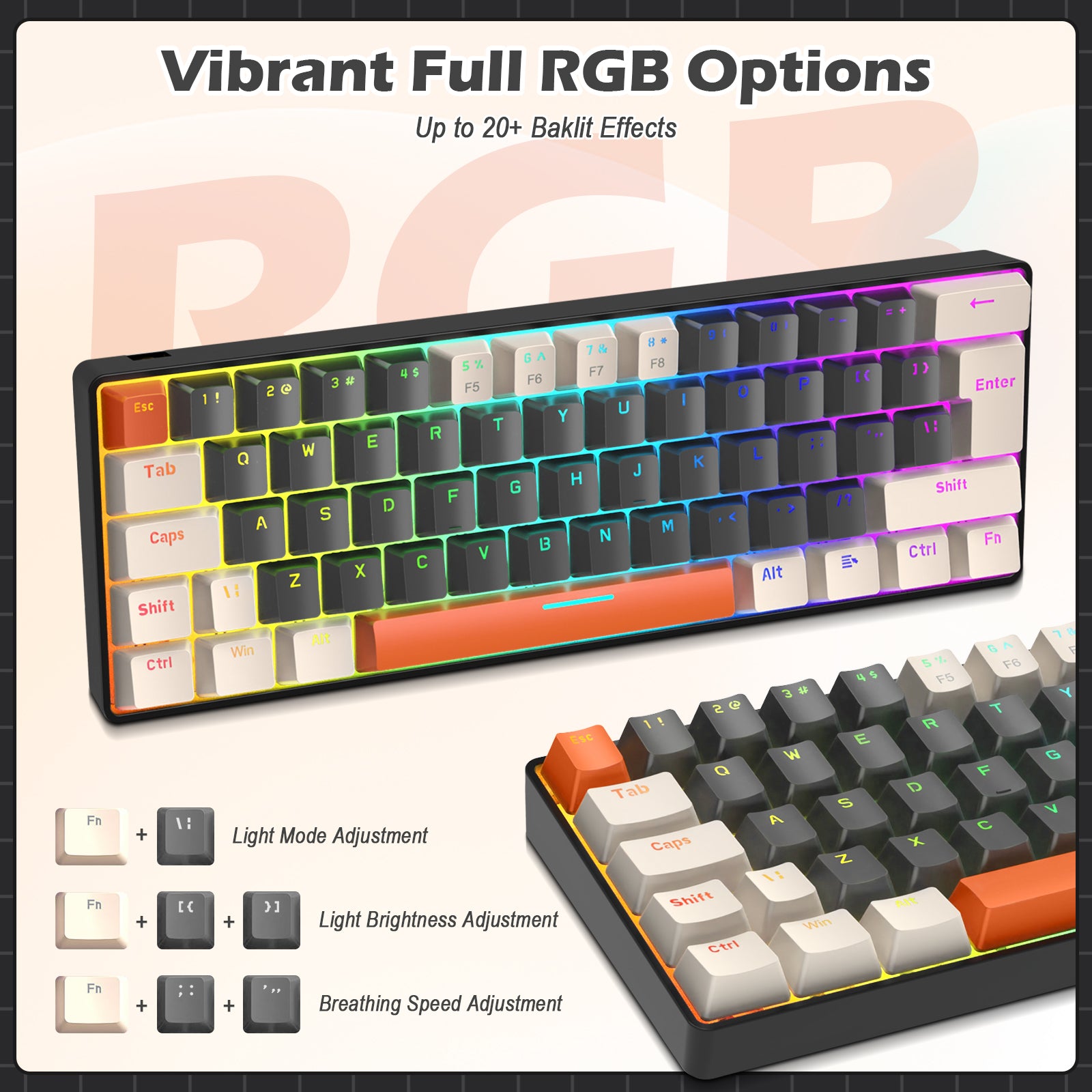 T60Pro Wired Gaming Keyboard and Mouse Set, Compact 60% UK Layout Light Up Mechanical Keyboard, Coiled USB C Cable, 6400dpi RGB Mice