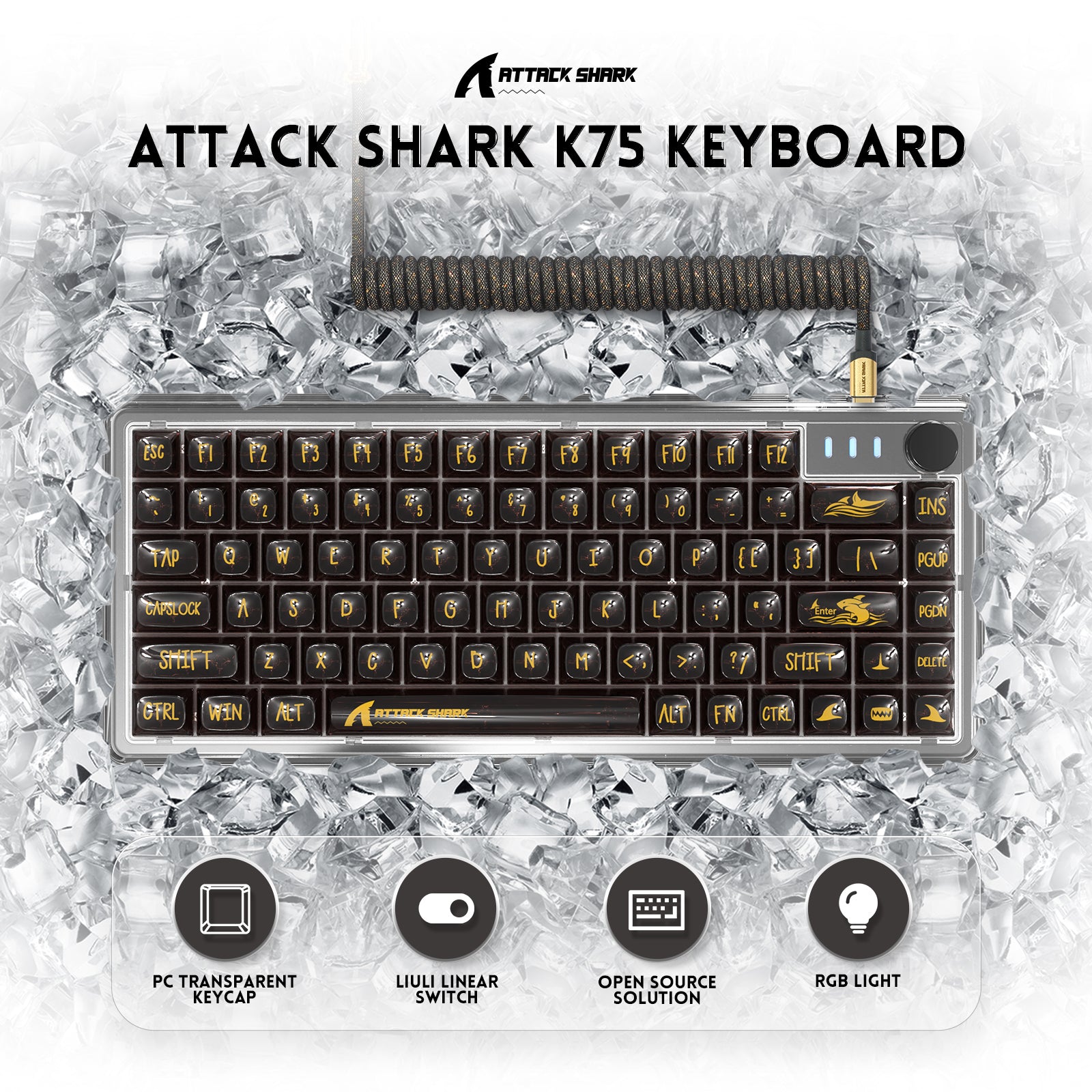 ATTACK SHARK K75 Mechanical Keyboard, Transparent PC Keycaps, Custom RGB Gaming Keyboard, Gasket QMK/VIA Keyboard, Linear Switch, Coiled Cable, TKL Hot Swappable Wired Keyboard for PC Gamer